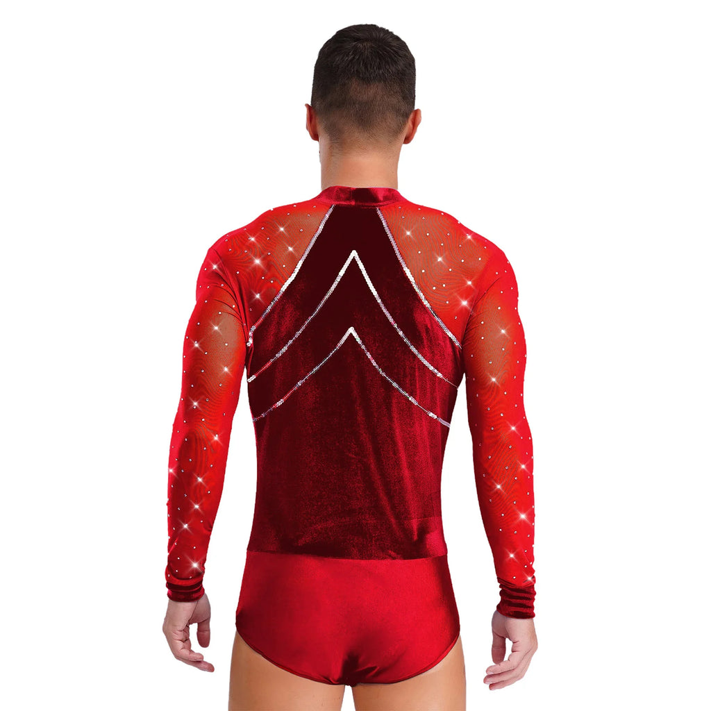 Men's Rhinestone Dance Leotard | Deep V-Neck & Velvet Mesh Patchwork | Long Sleeve
