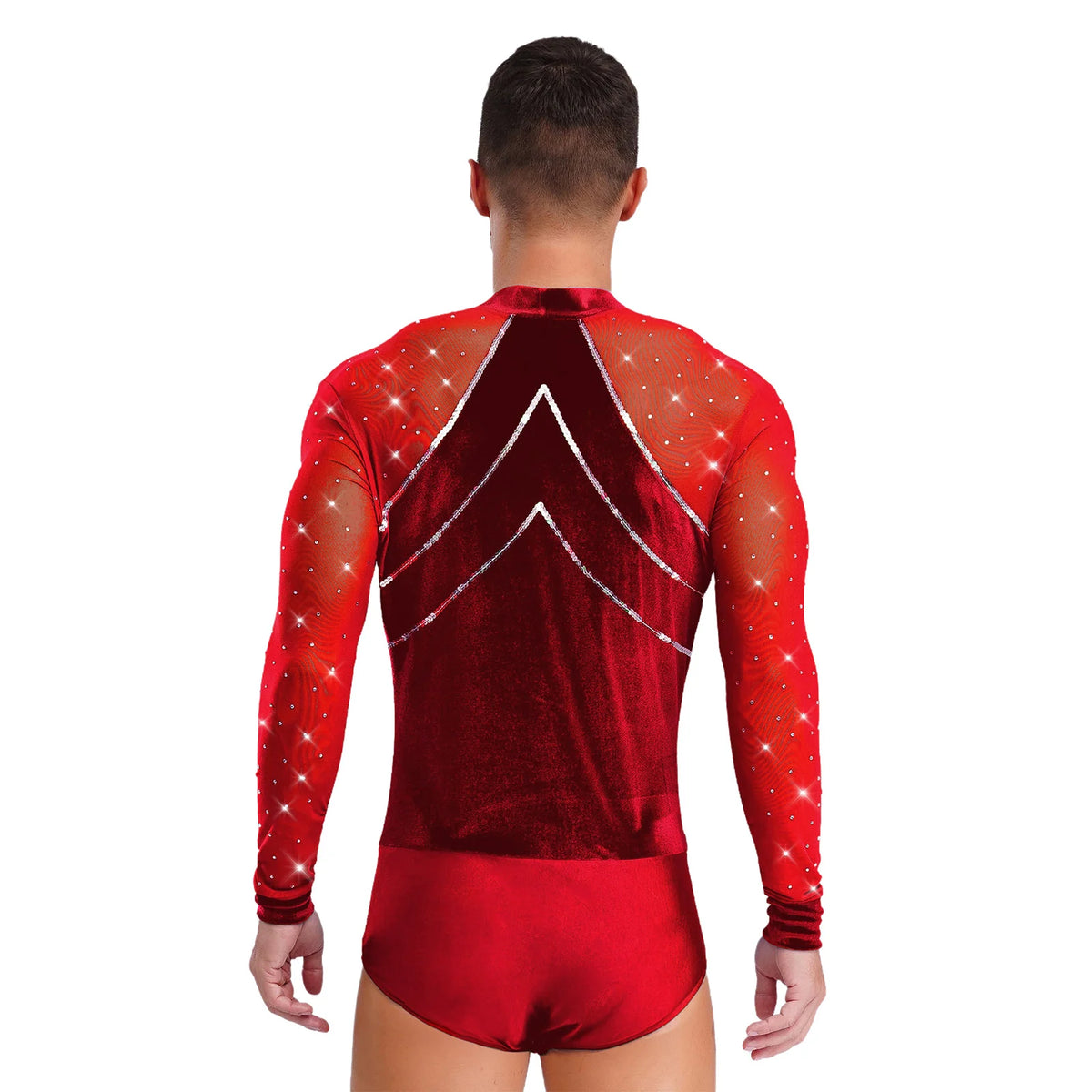 Men's Rhinestone Dance Leotard | Deep V-Neck & Velvet Mesh Patchwork | Long Sleeve