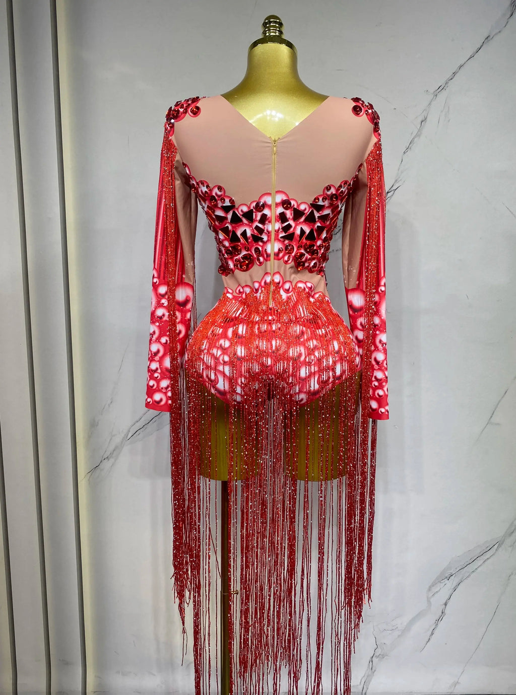 Rhinestone Fringe Bodysuit | 3D Floral | Purple & Red | S–XL