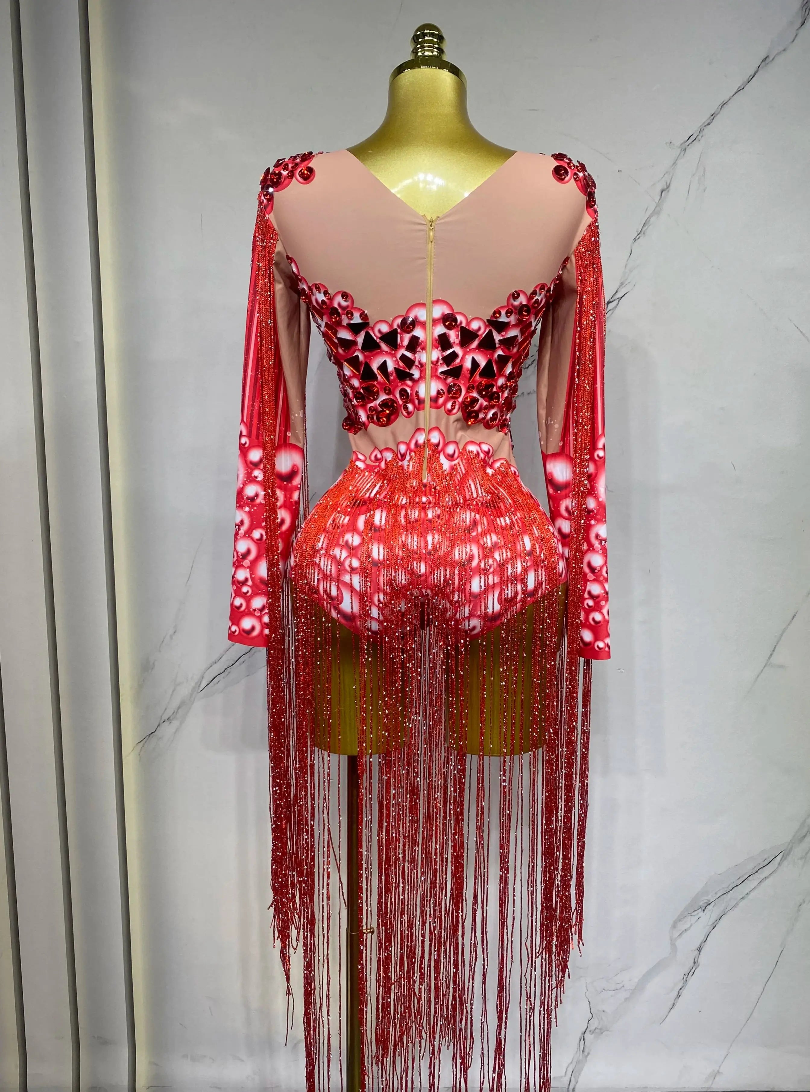 Rhinestone Fringe Bodysuit | 3D Floral | Purple & Red | S–XL