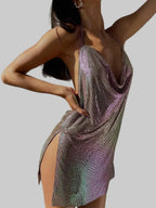 Sparkly Metal Sequin Halter Mini Dress - Backless Side Split Party Dress