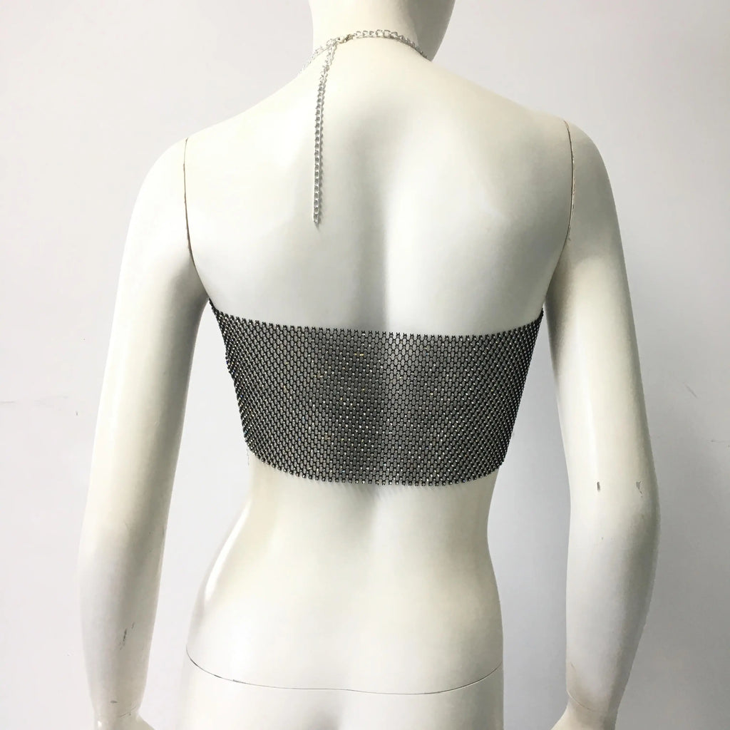 Rhinestone Fishnet Chain Tassel Halter Top - Backless Diamond Tank