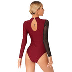 Metallic Rhinestone Leotard | Mesh Panel | Long Sleeve