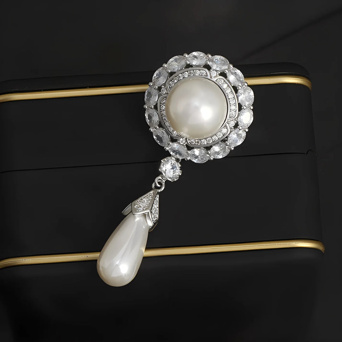 Pearl & Rhinestone Brooch | Silver Filigree Drop