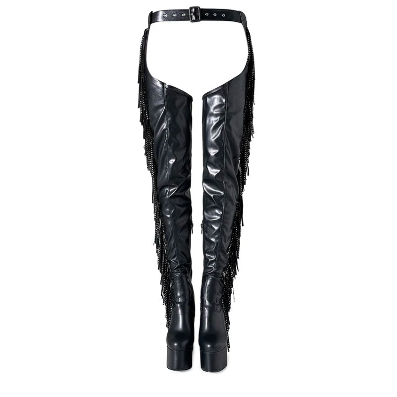 Rhinestone & Tassel Over-the-Knee Platform Boots | 15cm Block Heel | Black