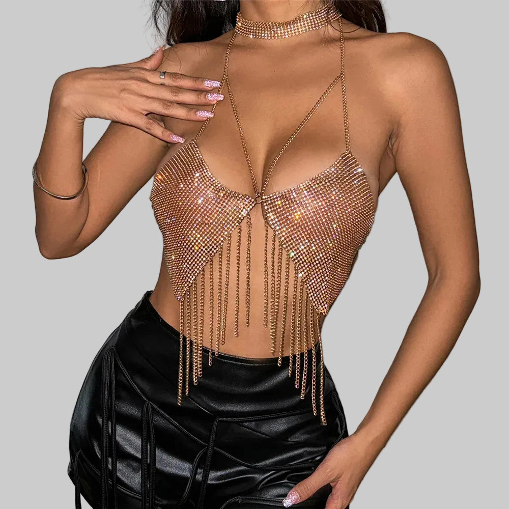 Metal Chain Tassel Halter Crop Top - Diamond V-Neck Camisole
