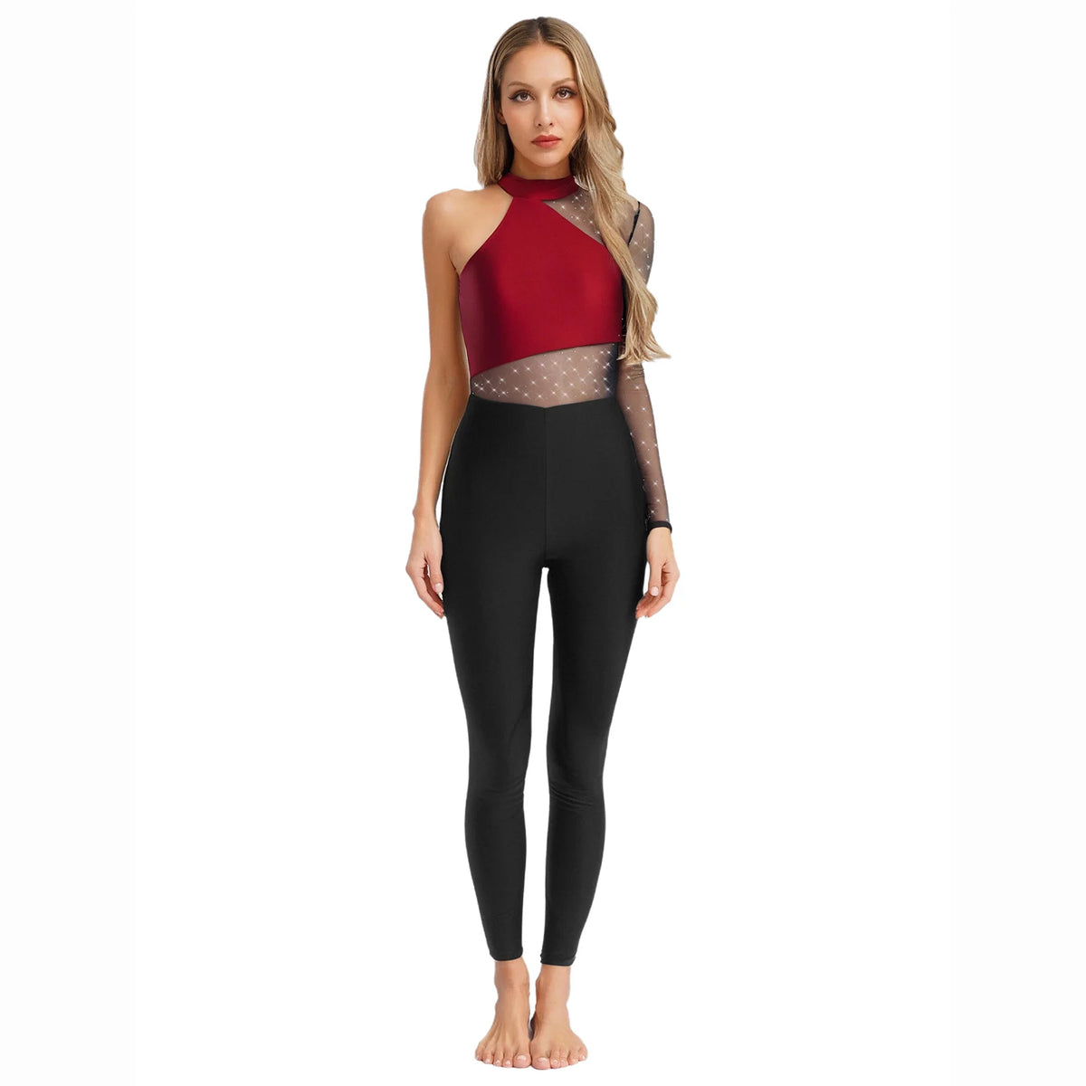 Women's Rhinestone Sheer Mesh Dance Jumpsuit | Mock Neck & One-Shoulder Styles | Gymnastics & Performance