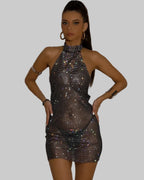 Rhinestone Halter Mini Dress - Backless Sheer Performance Dress