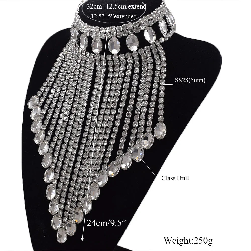 Rhinestone Tassel Necklace - AB Crystal Water Drop Statement Choker