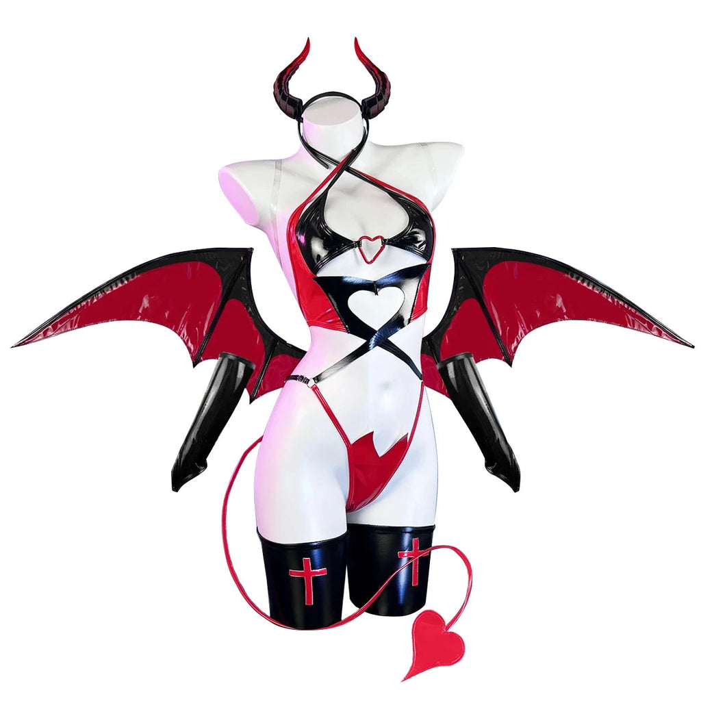 Devil Bat Wing Costume Set | Vinyl Lingerie with Wings & Horns