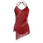 Rhinestone Tassel Latin Leotard | Halter Neck | Backless | Fringe Skirt