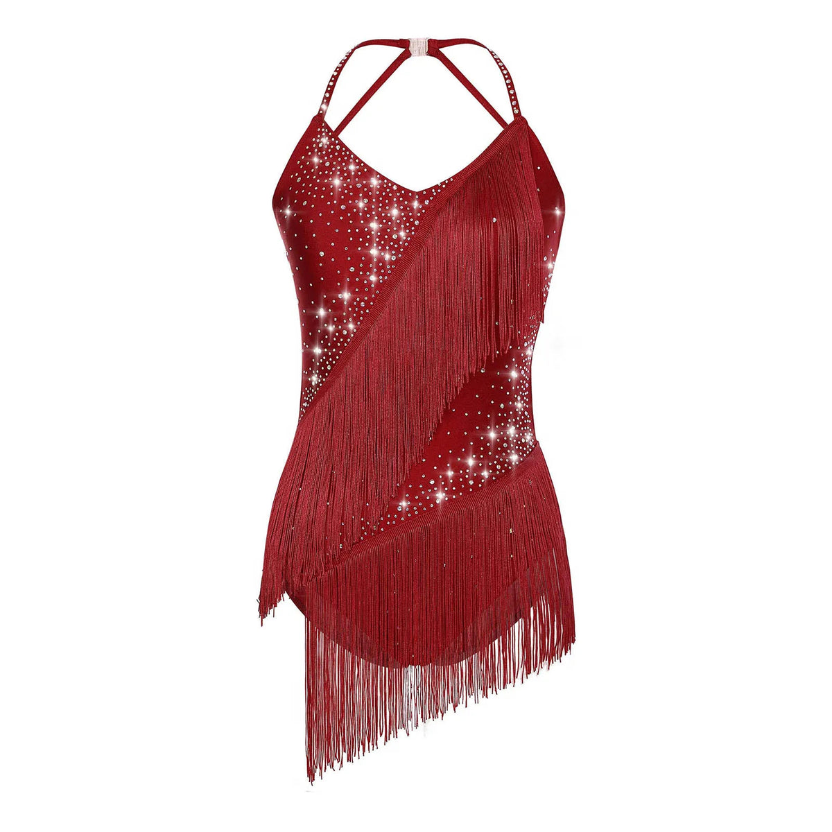 Rhinestone Tassel Latin Leotard | Halter Neck | Backless | Fringe Skirt