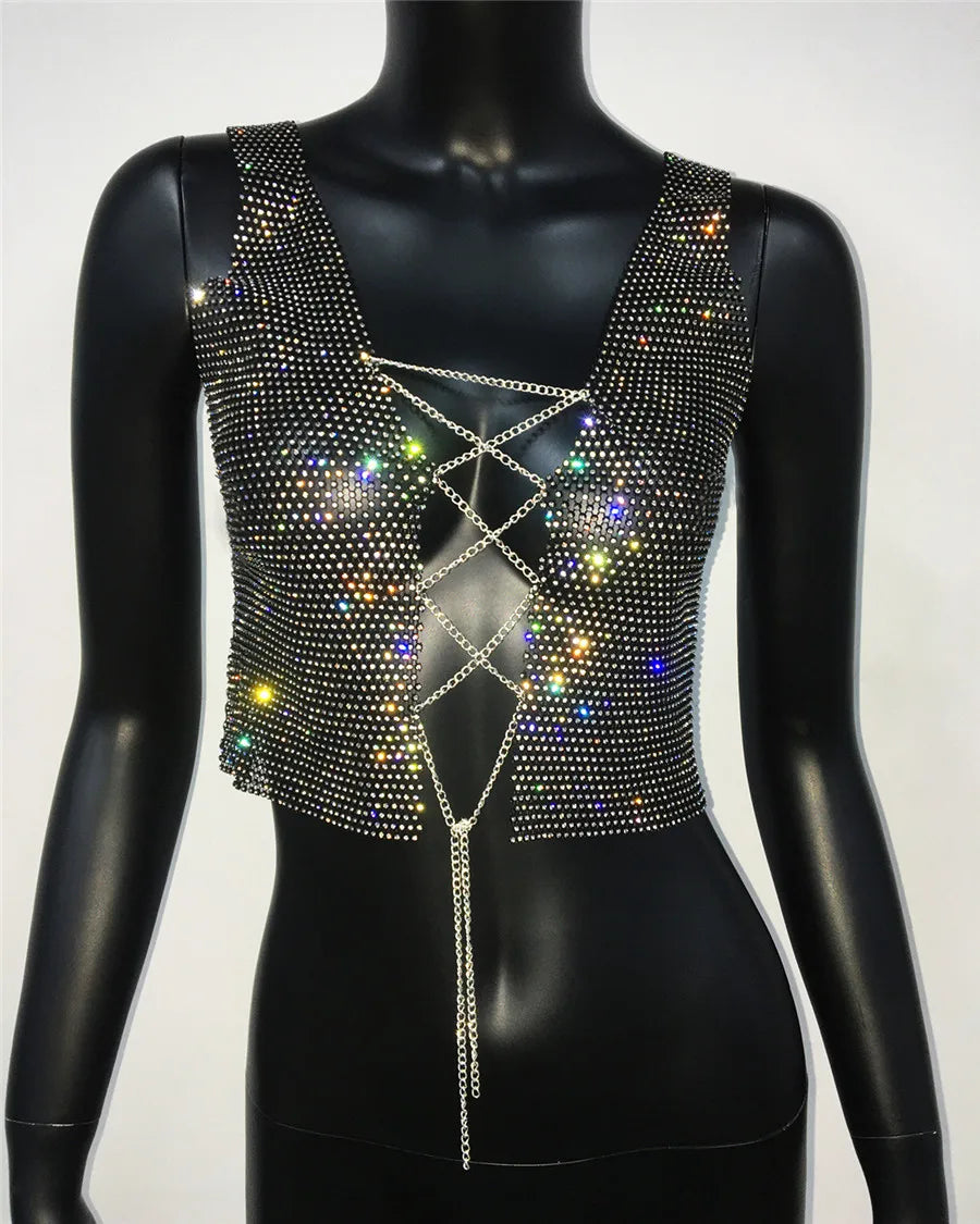 Metal Chain Fishnet Crop Top - Bandage Mesh Party Camisole