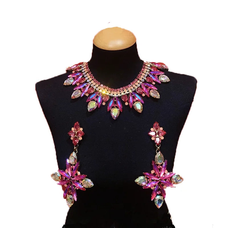 Rhinestone Necklace & Earring Set | Fuchsia, AB Silver | Stage & Bridal