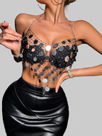Fishnet Sequin Halter Crop Top - Sheer Backless Deep V Festival Top