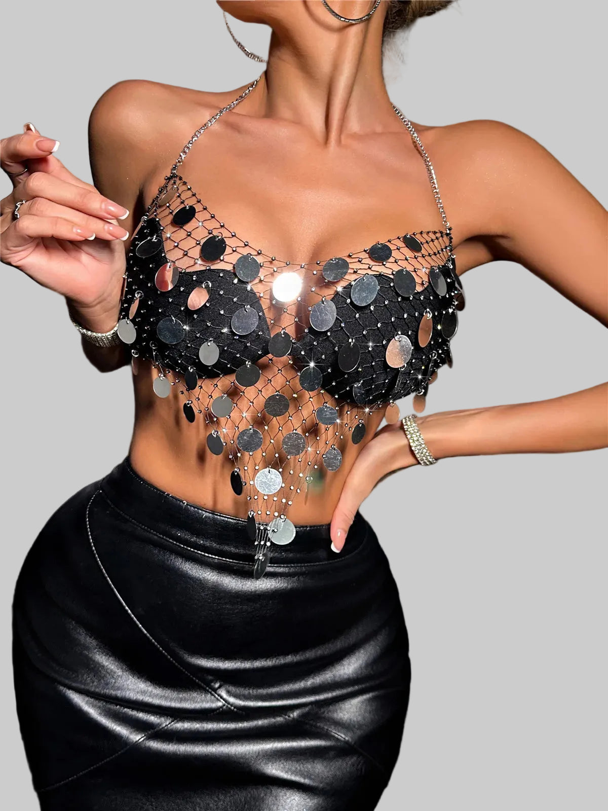 Fishnet Sequin Halter Crop Top - Sheer Backless Deep V Festival Top