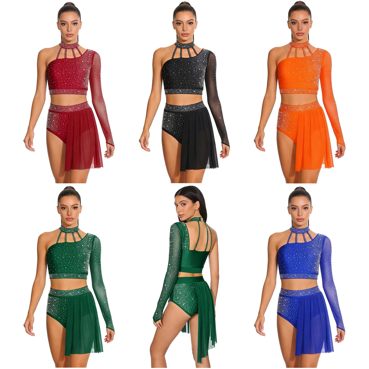 Latin Dance Set | Rhinestone Crop Top & Shorts | Asymmetrical