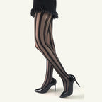 Bicolor Vertical Stripe Pantyhose | Sheer Mesh Tights | Black