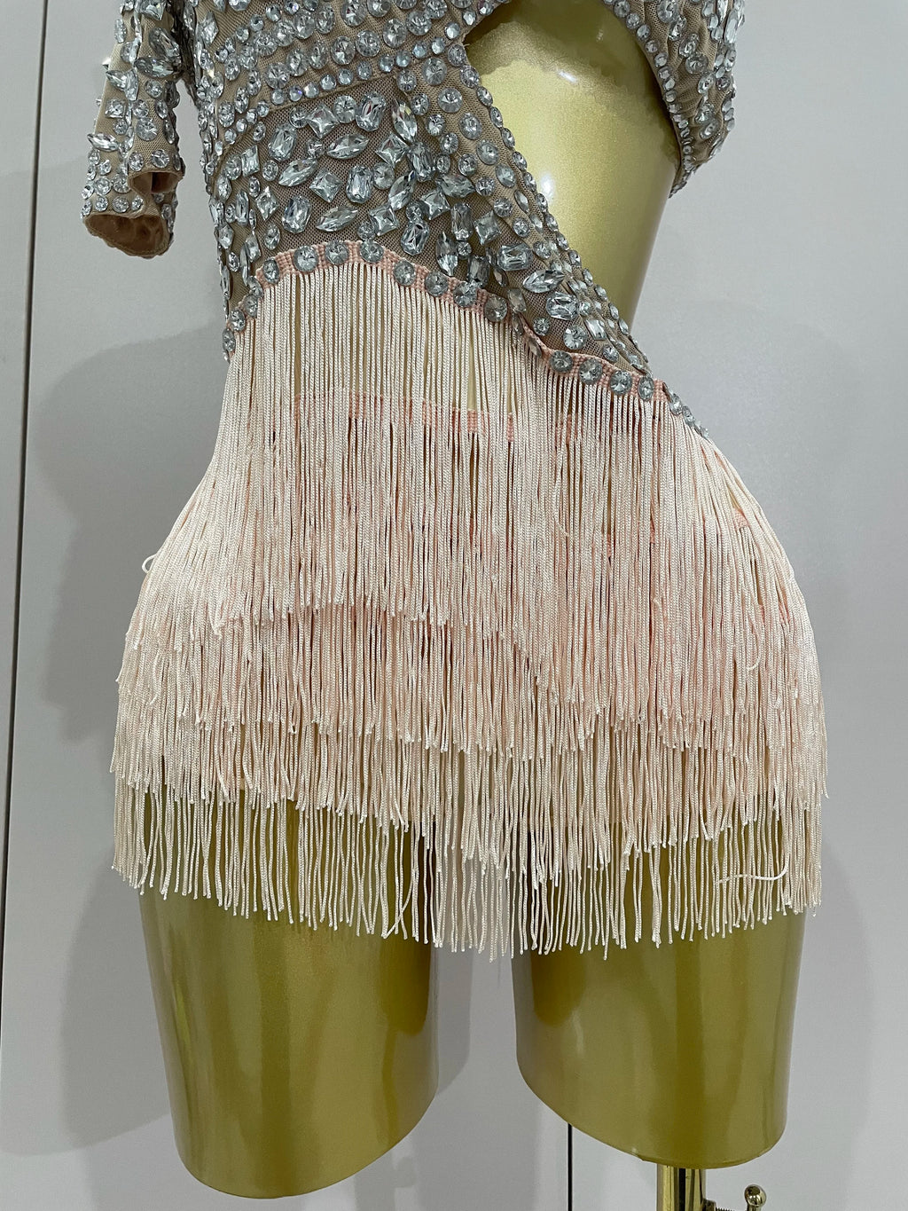Rhinestone Mesh Bodysuit & Tassel Skirt Set | With Gloves | S–XL