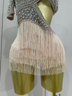 Rhinestone Mesh Bodysuit & Tassel Skirt Set | With Gloves | S–XL