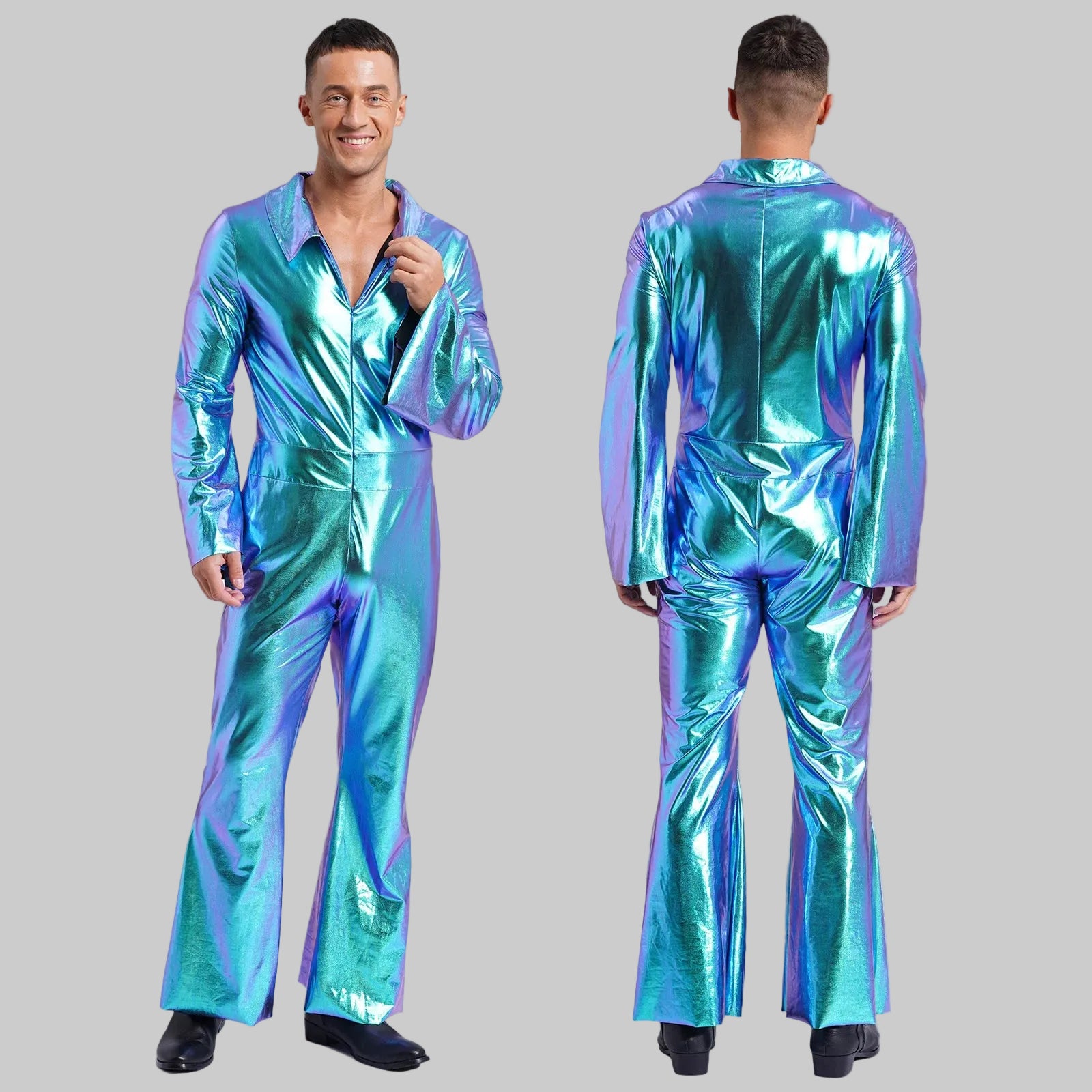 Men's 80s Disco Metallic Jumpsuit - Bell Bottom Performance Romper
