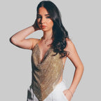 Rhinestone Mesh Halter Crop Top - Shiny Metal Hollow-Out Backless Tank for Stage & Festival