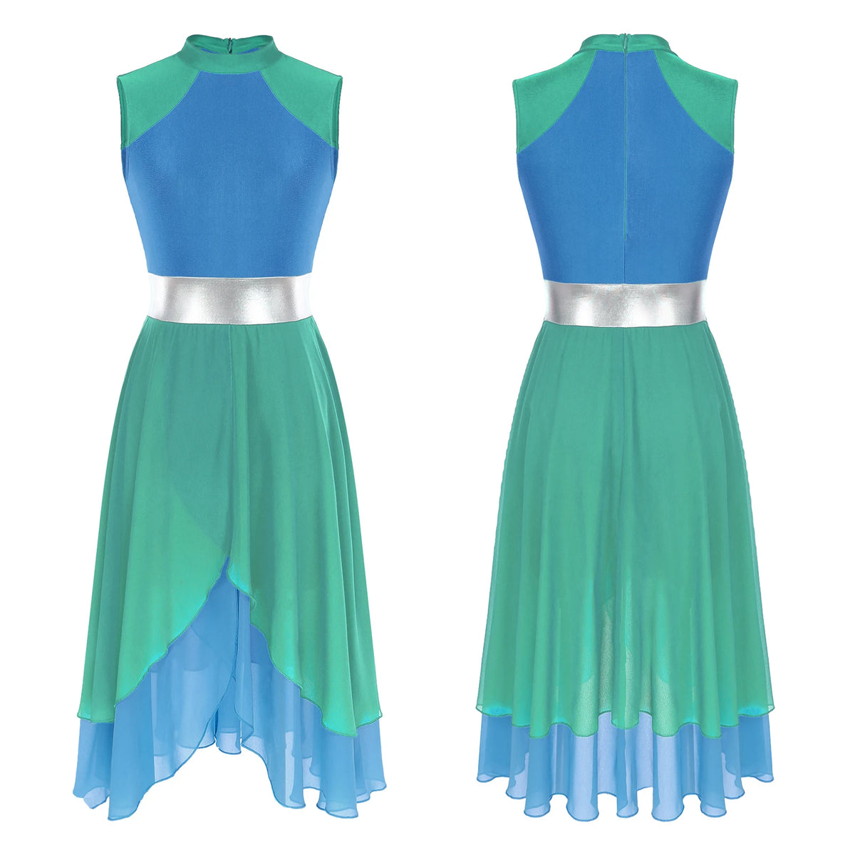 Color Block Lyrical Dance Dress | Mock Neck | Asymmetric Hem