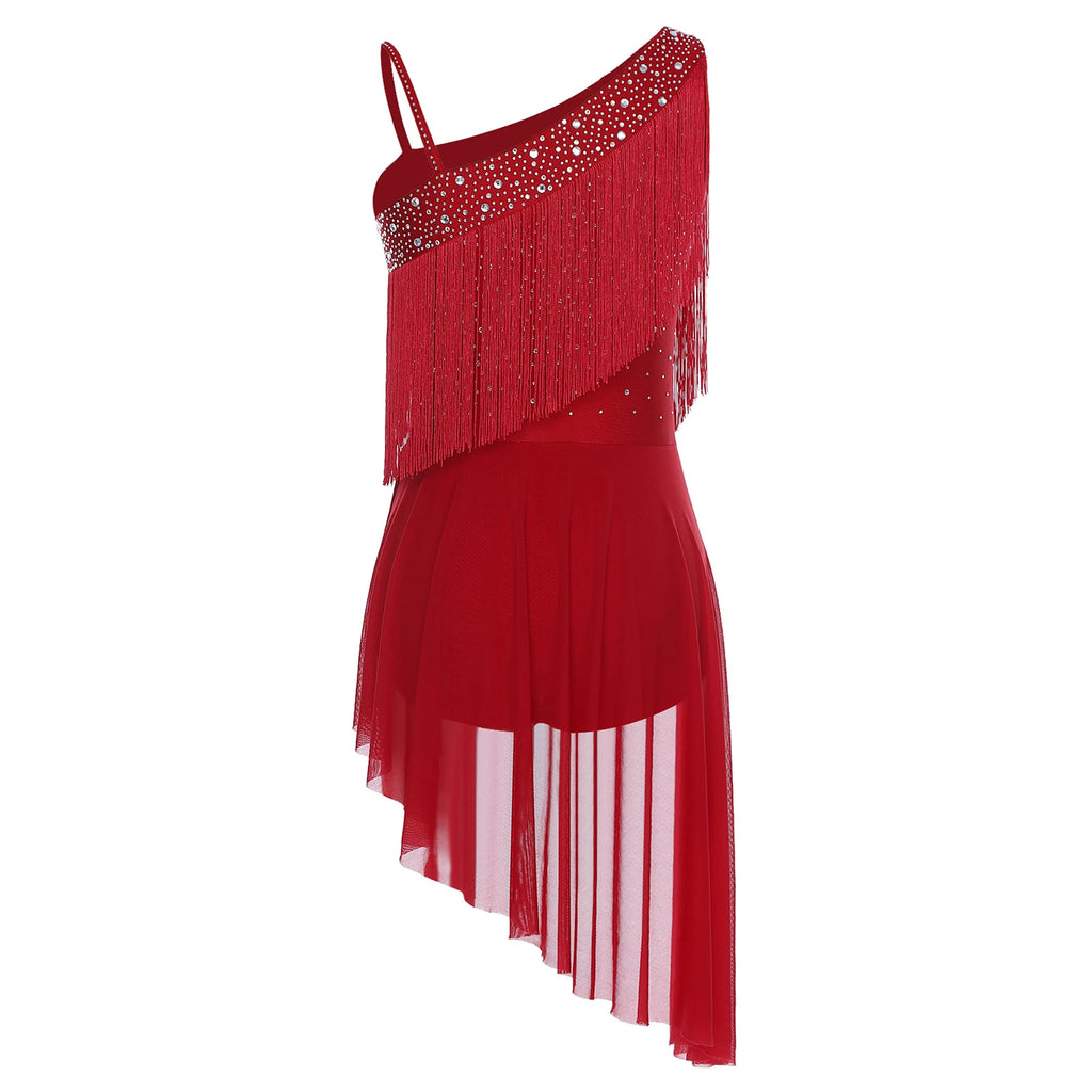 Latin Dance Leotard | Tassel & Rhinestone | Asymmetric