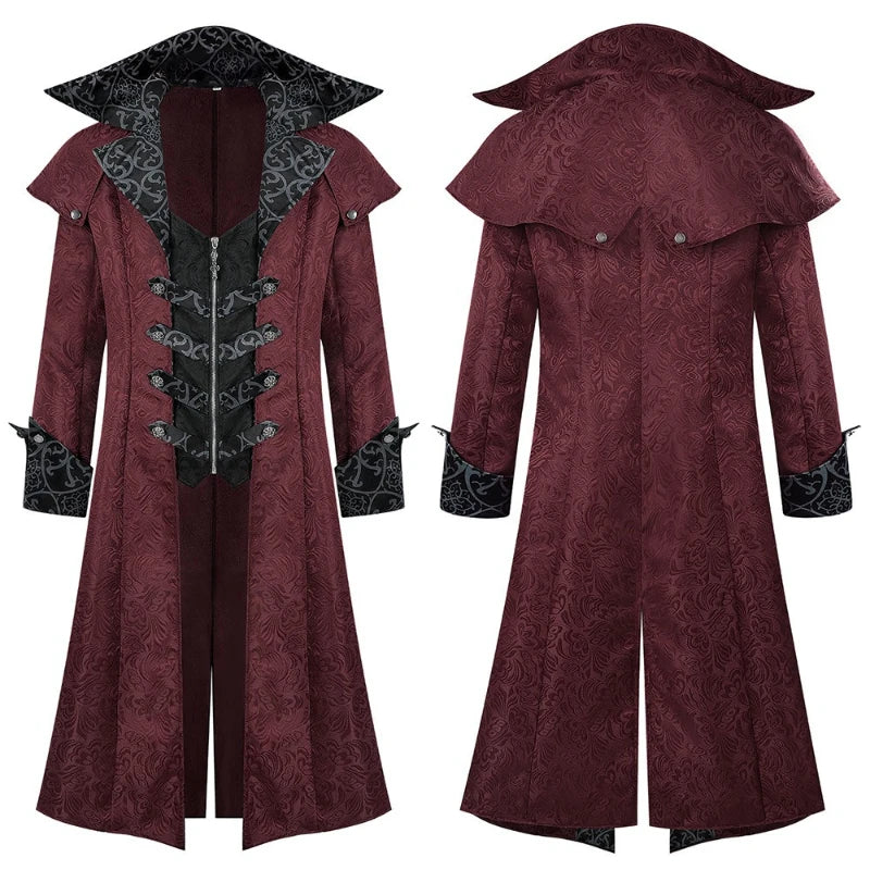 Jacquard Trench Coat | Gothic Medieval | Black & Maroon