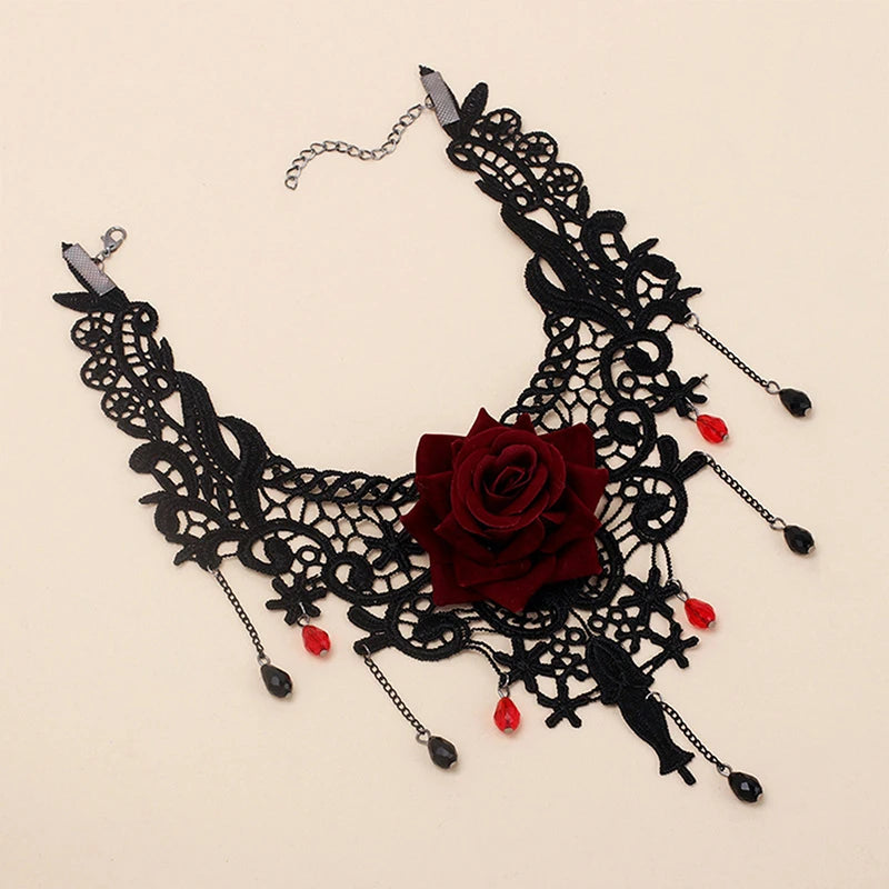 Gothic Rose Lace Choker | Red Crystal Drops | Black