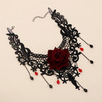 Gothic Rose Lace Choker | Red Crystal Drops | Black