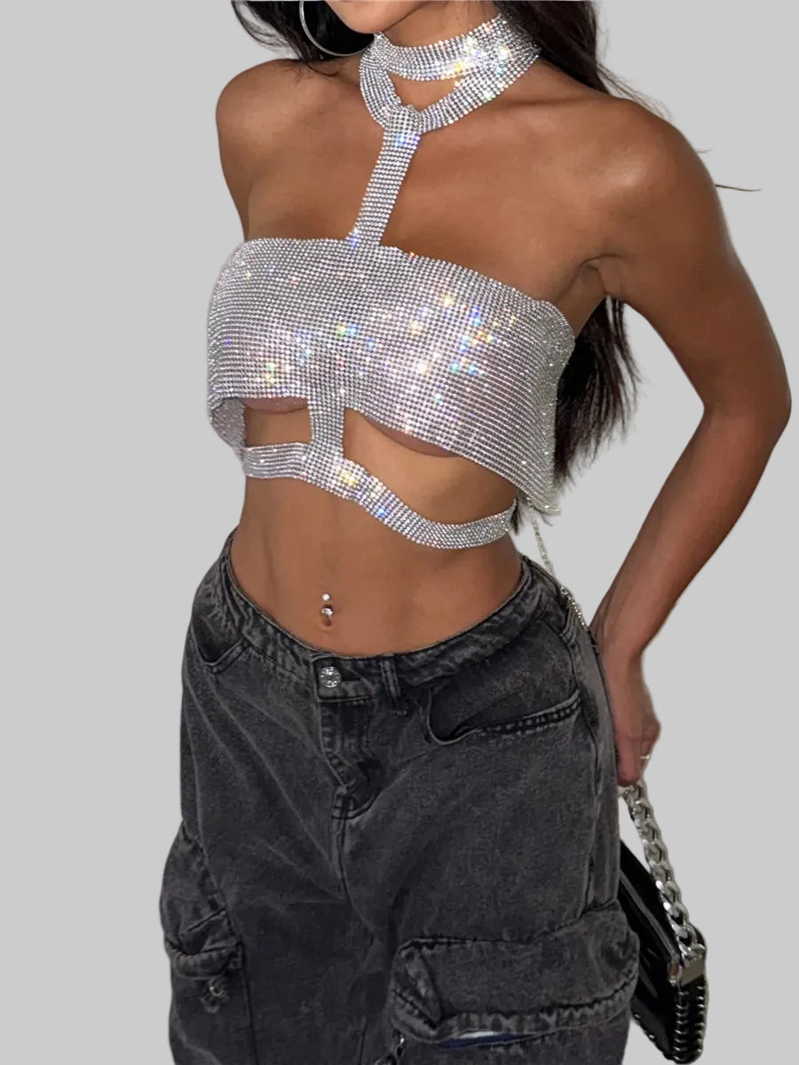 Rhinestone Metal Halter Crop Top - Backless Waist Camisole