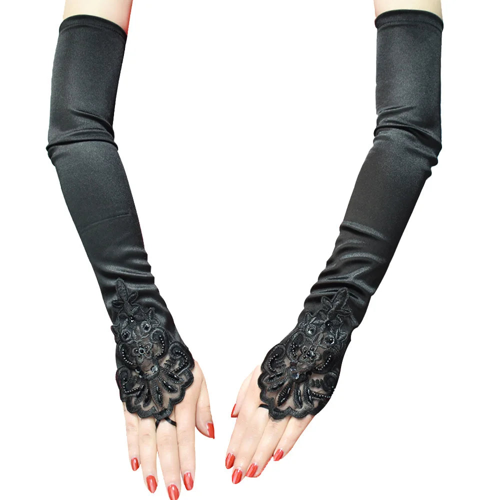 Satin Fingerless Gloves | Embroidered Lace