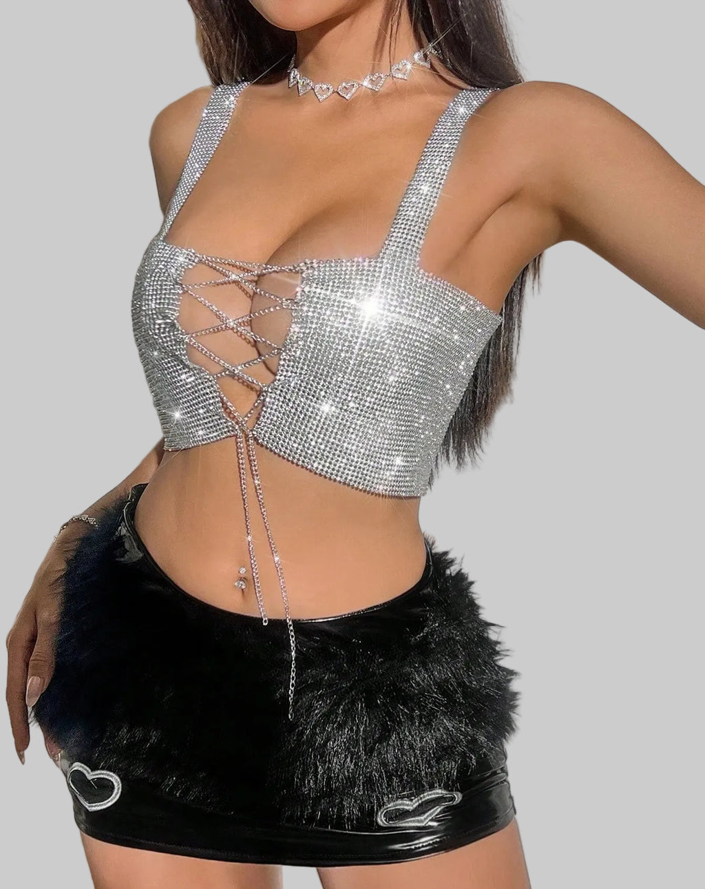 Rhinestone Metal Chain Crop Top - Backless V-Neck Camisole
