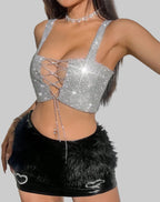 Rhinestone Metal Chain Crop Top - Backless V-Neck Camisole