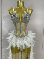 Rhinestone Feather Train Bodysuit | Stage Dress | S–XL