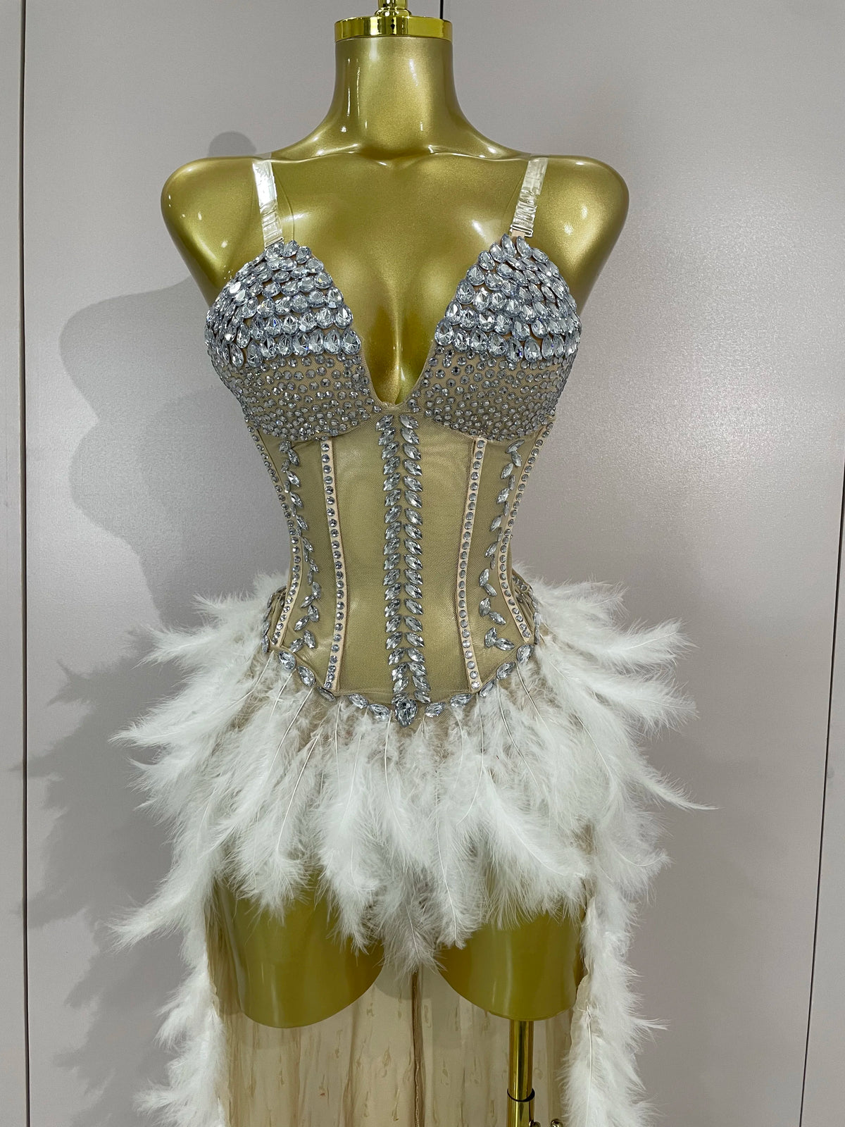 Rhinestone Feather Train Bodysuit | Stage Dress | S–XL