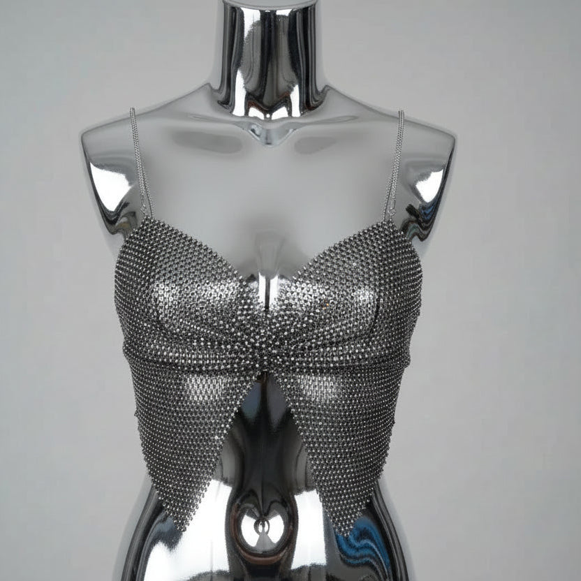 Glitter Rhinestone Fishnet Crop Top - Mesh V-Neck Festival Tank