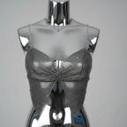 Glitter Rhinestone Fishnet Crop Top - Mesh V-Neck Festival Tank