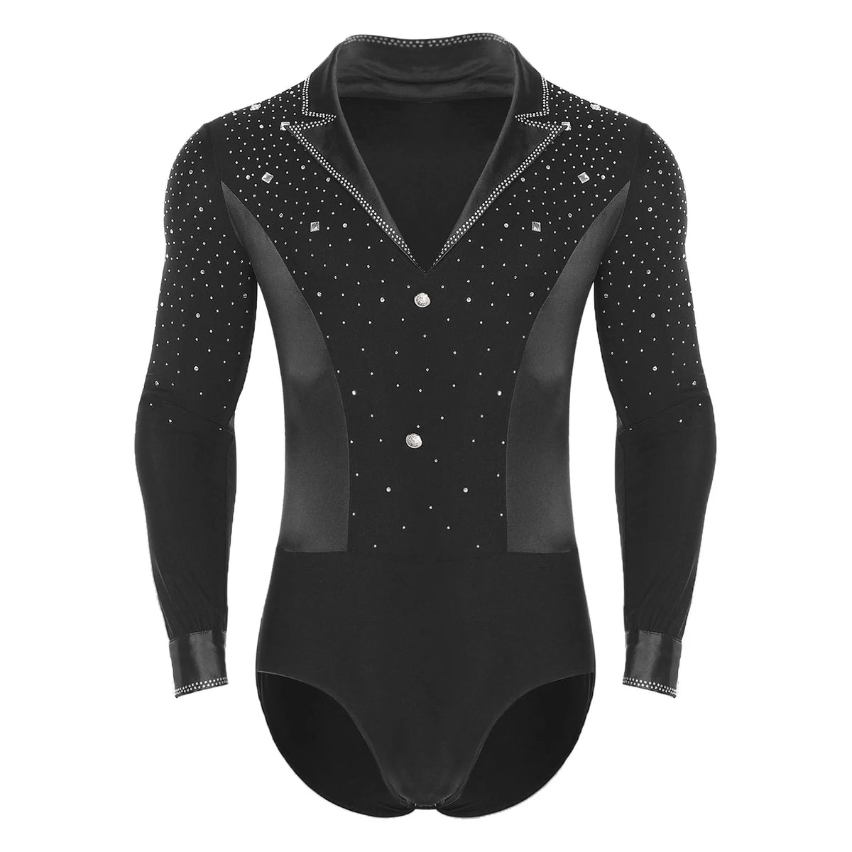 Men's Rhinestone Dance Leotard | V-Neck Lapel & Long Sleeve | Snap Crotch