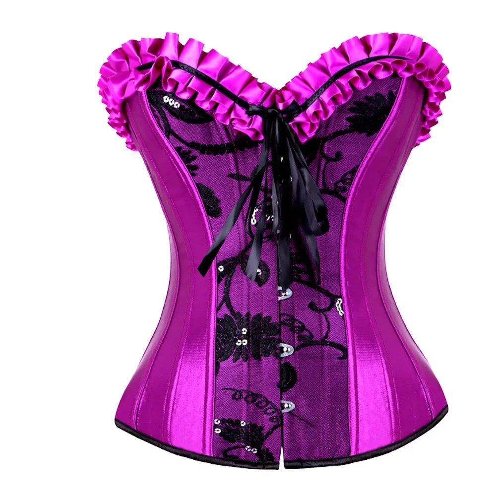 Purple Satin Corset Dress | Black Lace Ruffle Skirt | Plus Size