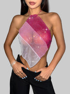 Glitter Diamond Fishnet Halter Crop Top - Sheer Backless Tank
