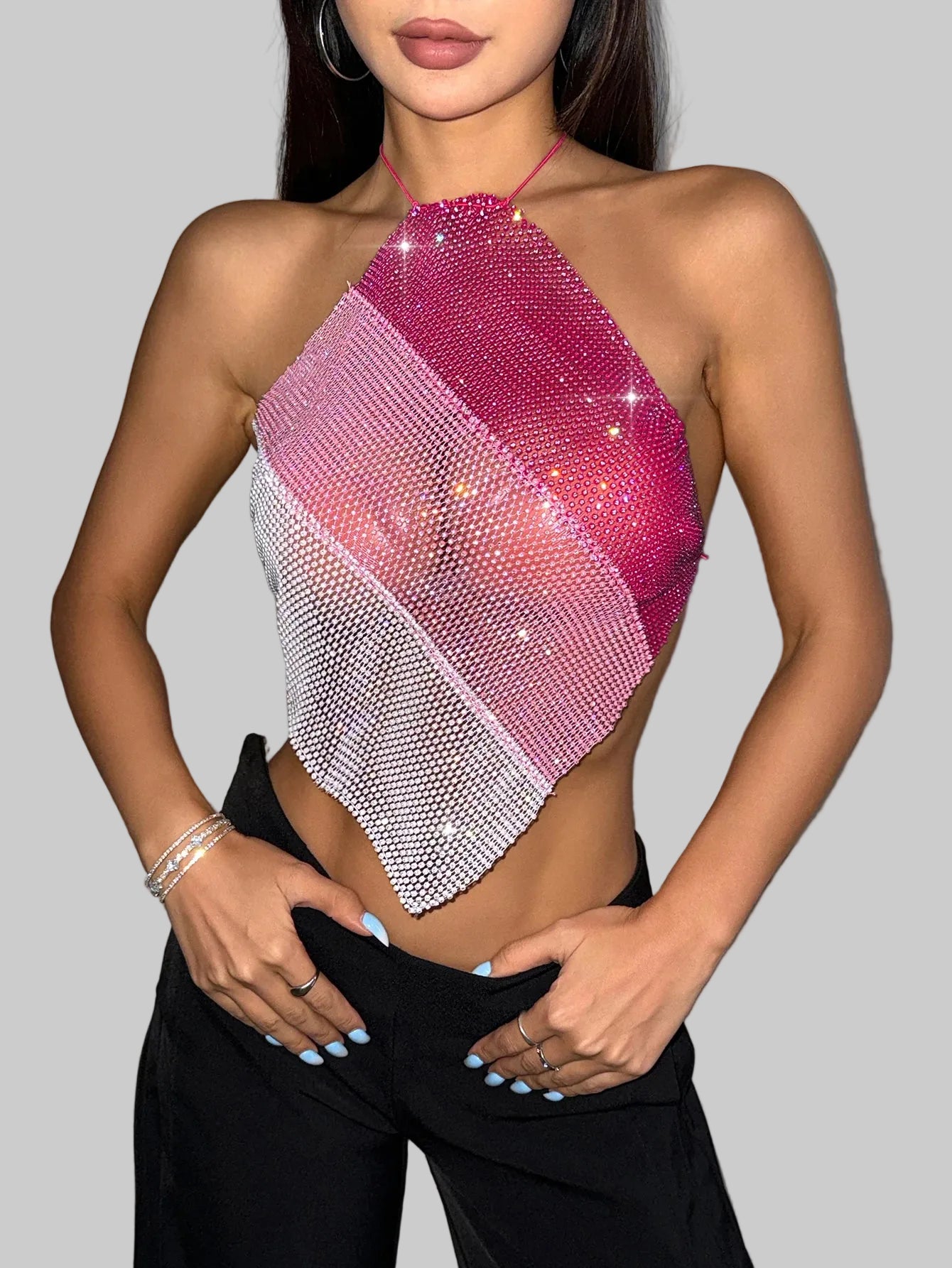 Glitter Diamond Fishnet Halter Crop Top - Sheer Backless Tank