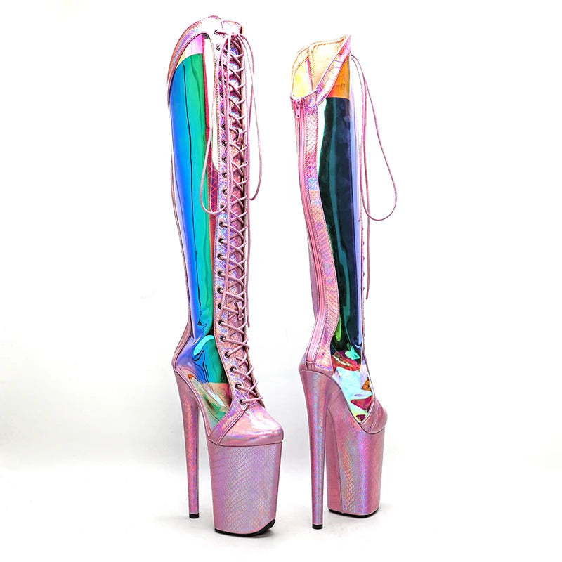 23CM Holographic Platform Pole Dance Boots - Ultra High Heel Snake Print Performance Boots