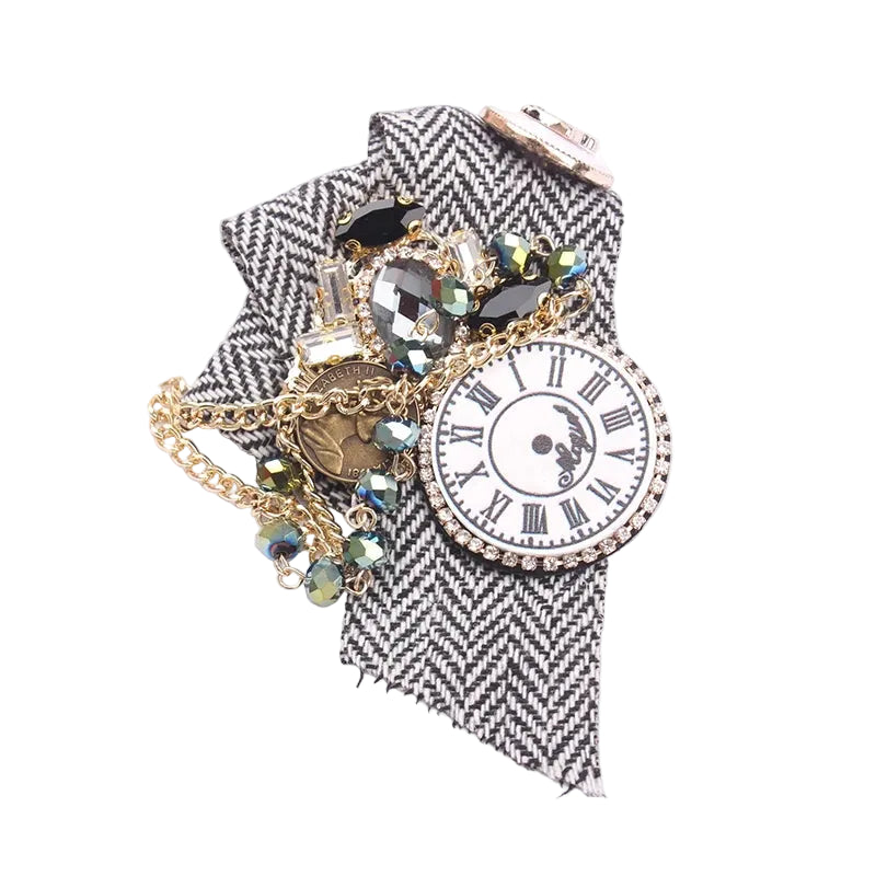 Steampunk Clock Brooch | Rhinestone & Chain | Lapel Pin