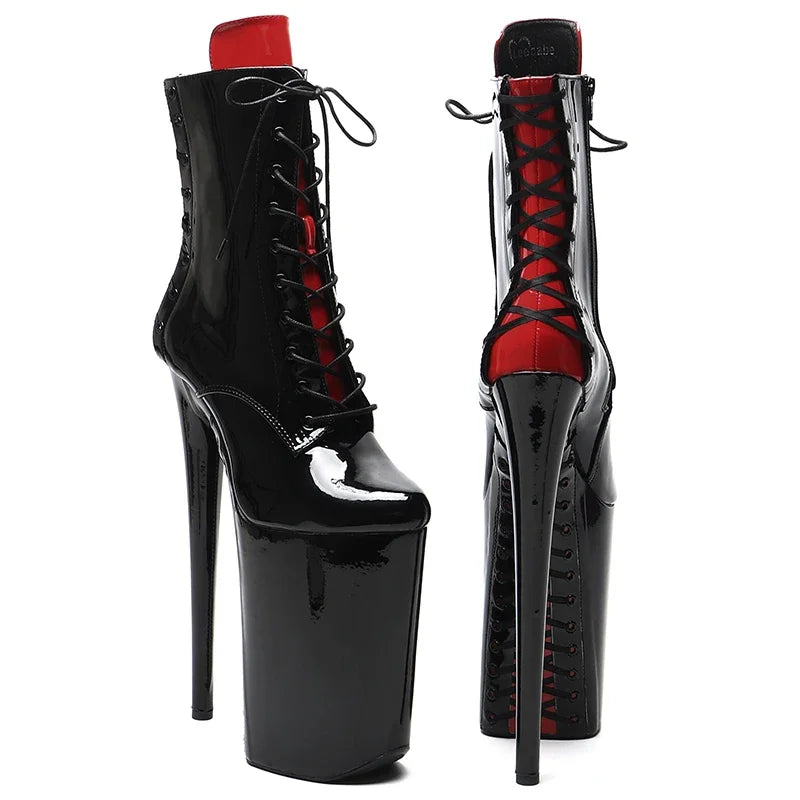 26cm Black Red Patent Ankle Boots - Trendy Platform Party Dance Boots