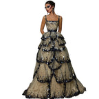 Tiered Ruffle Ball Gown | Sequin Lace Trim | Black Champagne