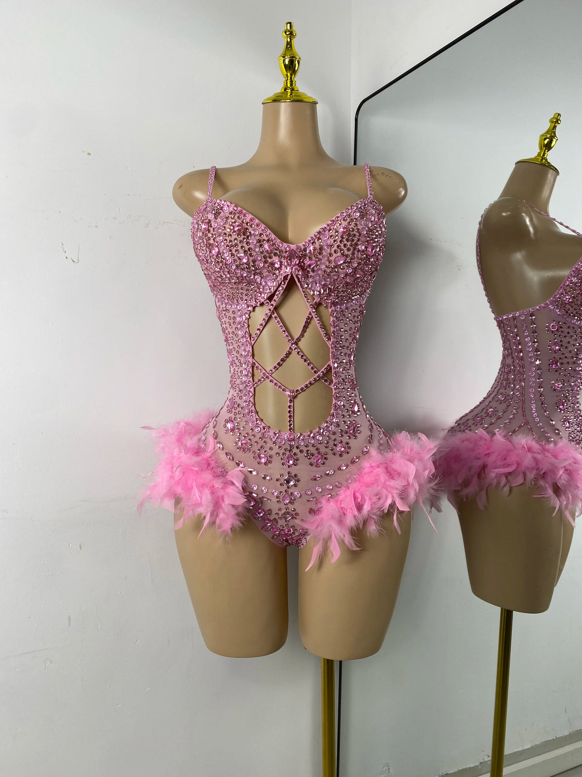 Rhinestone Bodysuit | Feather-Trimmed Hips