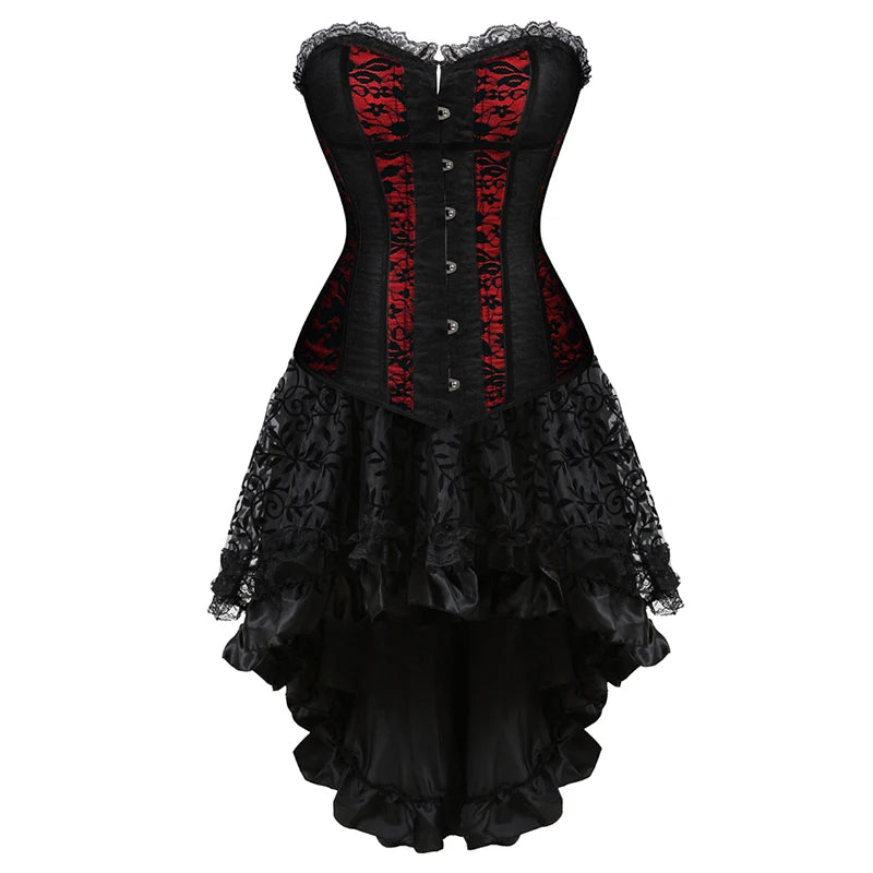 Gothic Floral Corset Dress Set | Red & Black | Lace Skirt | Plus Size