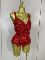 Rhinestone Sequin Tassel Bodysuit | Red & Silver | S–XL